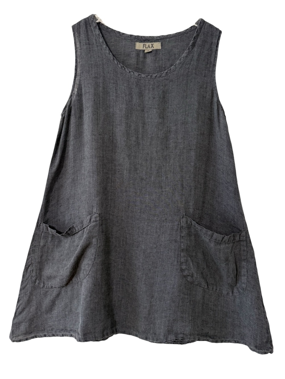 100% Linen Flax Charcoal Gray Sleeveless Tunic w Patch Pockets Size Small